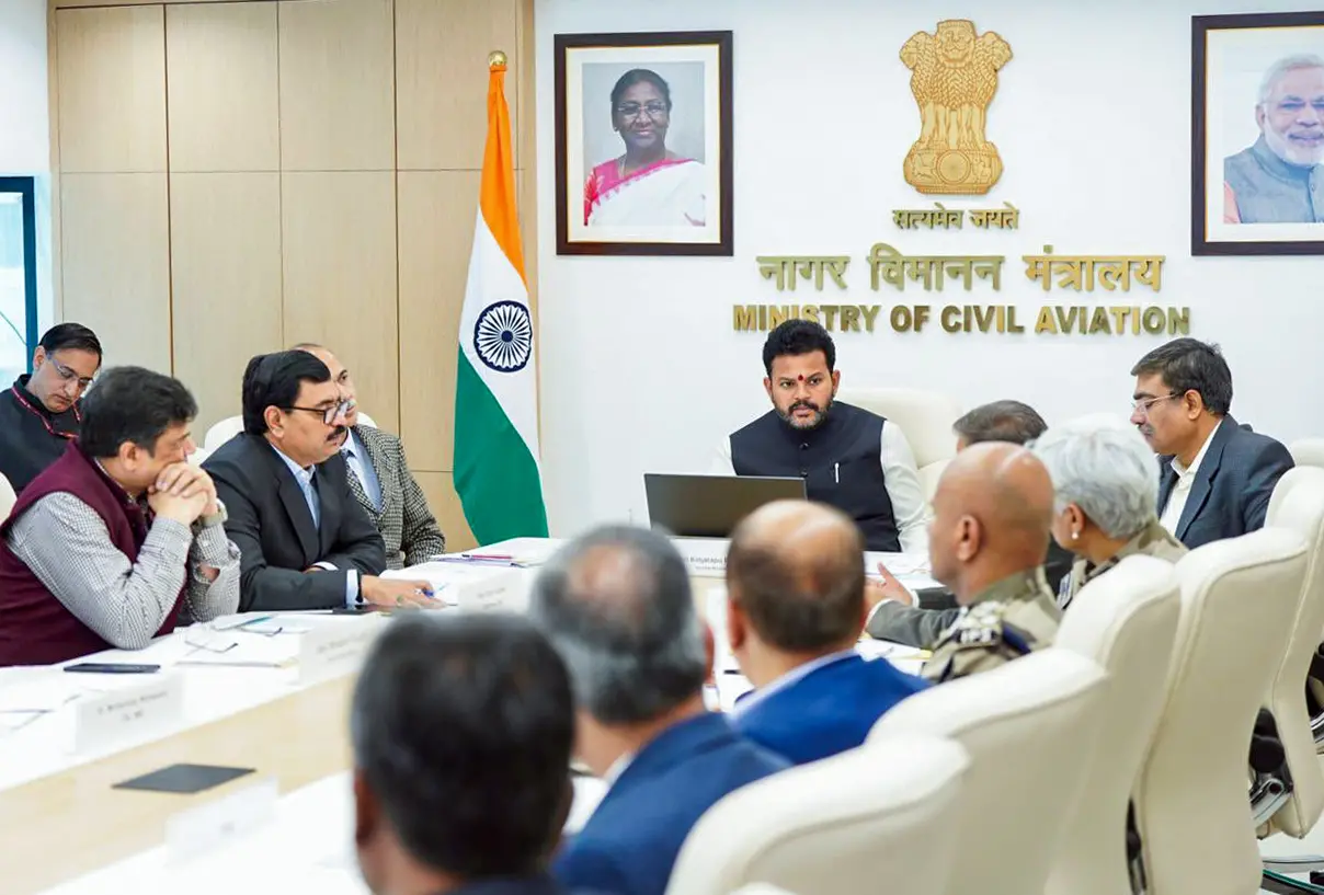 Union Minister for Civil Aviation Kinjarapu Ram Mohan Naidu interacts with senior officials from DGCA, AAI and other stakeholders during a high-level review meeting | Photo: ANI