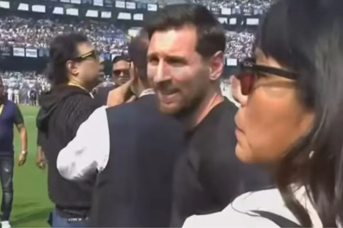Lionel Messi waves to cheering fans during his visit to Kolkata's Salt Lake Stadium, as part of his India tour, with Bollywood superstar Shah Rukh Khan also present at the venue. Photo: X