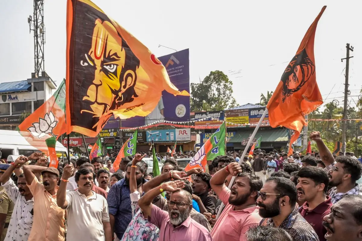 BJP workers celebrate their victory during the Kerala local body polls, at a counting station in Thiruvananthapuram | Photo: PTI