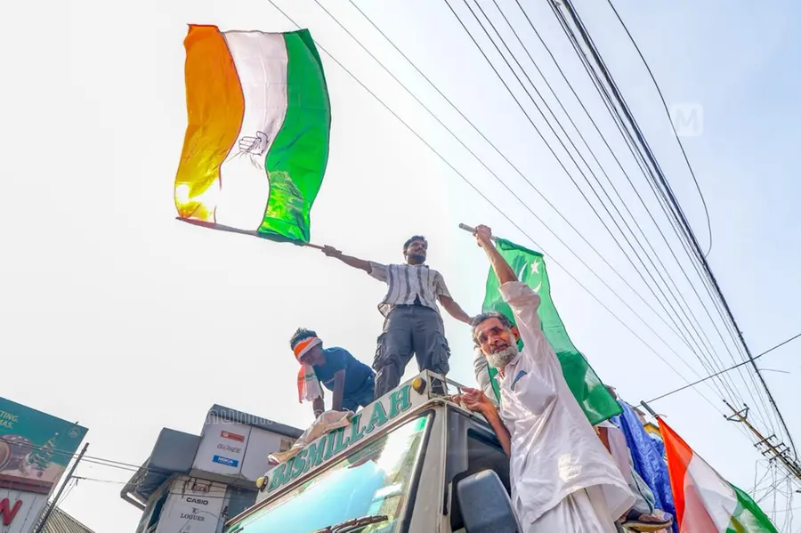 UDF workers celebrate their victory in local body elections at Pathanamthitta Central Junction following the party’s success in the district
