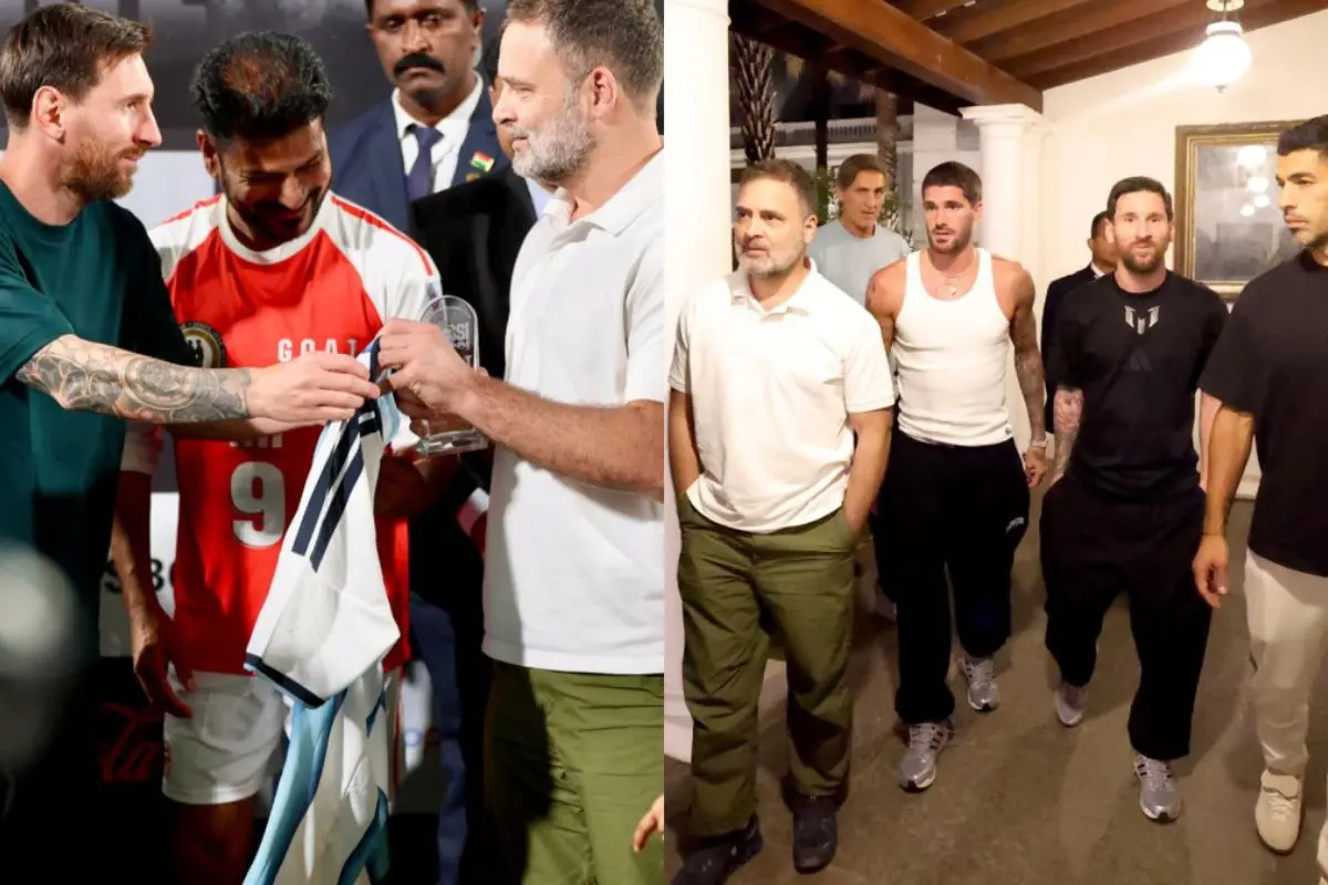 From left: Lionel Messi hands over the No. 10 jersey to Congress leader Rahul Gandhi; Congress leader alongside the players. | Photos: Instagram