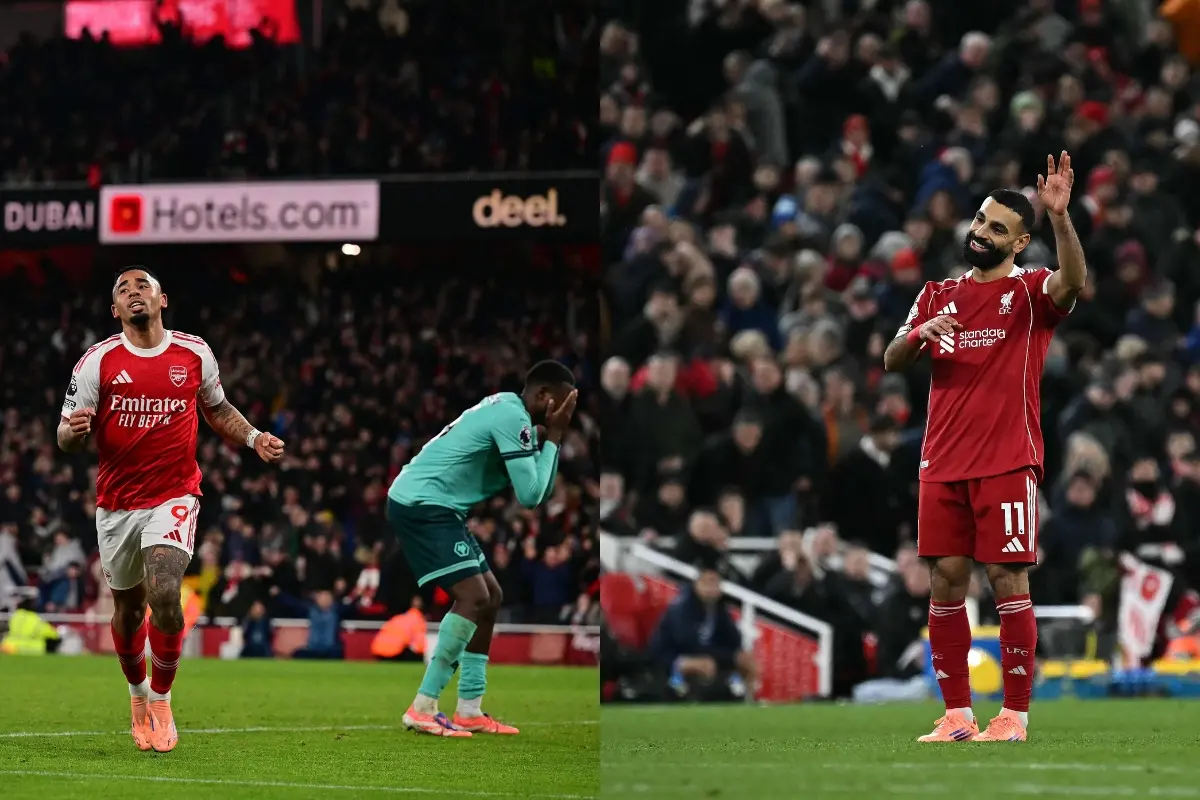 Arsenal's Brazilian striker #09 Gabriel Jesus (L) celebrates after his pressure on Wolverhampton Wanderers' Colombian defender #15 Yerson Mosquera forces him to score an own-goal | (R) Liverpool's Egyptian striker #11 Mohamed Salah applauds the fans | Photo: AFP