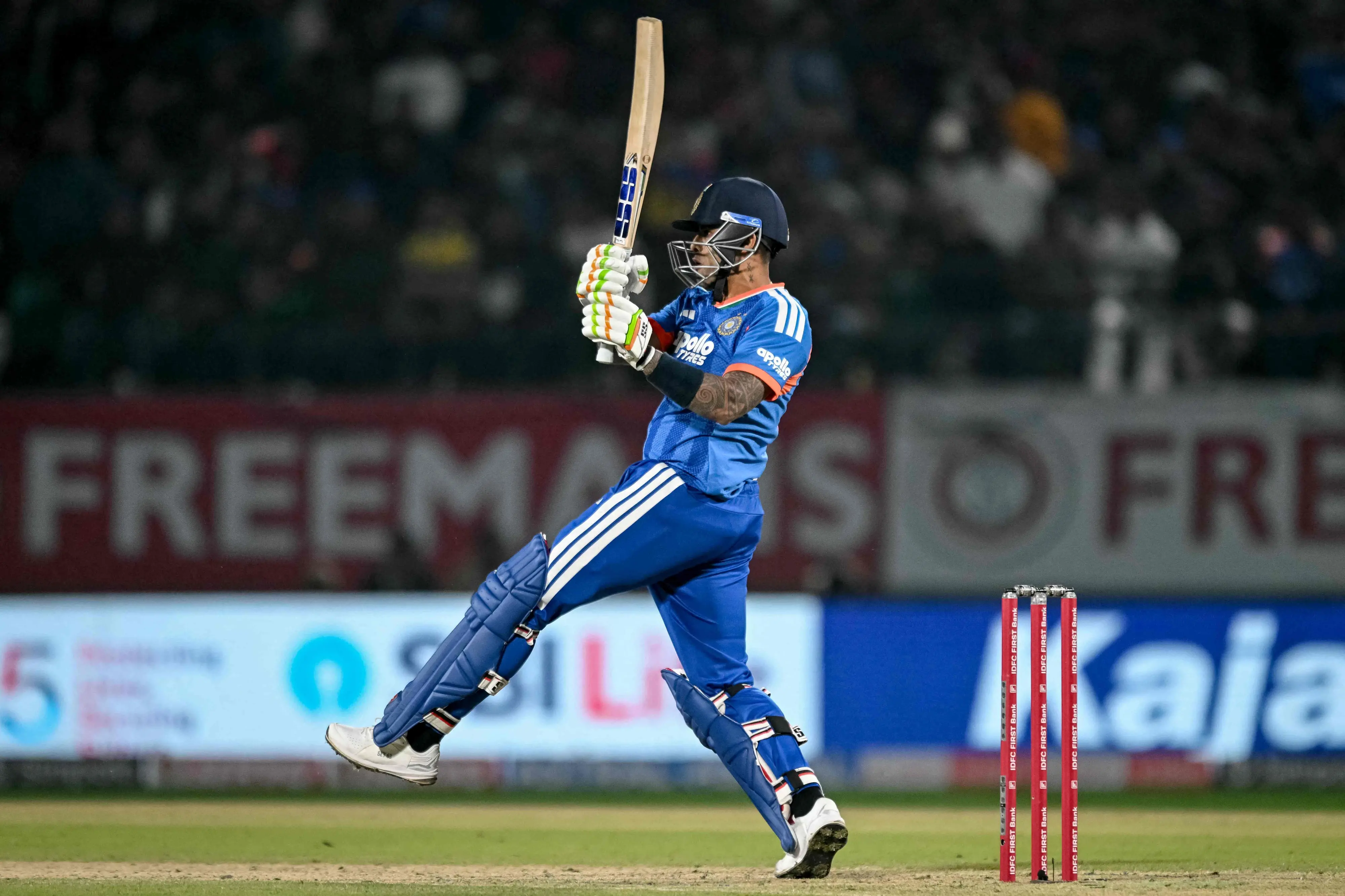 India's captain Suryakumar Yadav plays a shot during the third Twenty20 international cricket match between India and South Africa at the Himachal Pradesh Cricket Association Stadium in Dharamsala | Photo: AFP