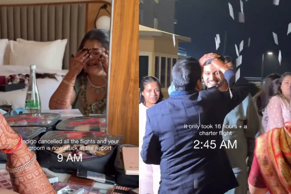 വിമാനം റദ്ദാക്കിയതിനുശേഷം ചാര്ട്ടേഡ് വിമാനത്തില് എത്തിയ വരൻ.|Photo: Screengrab/ themustmedia