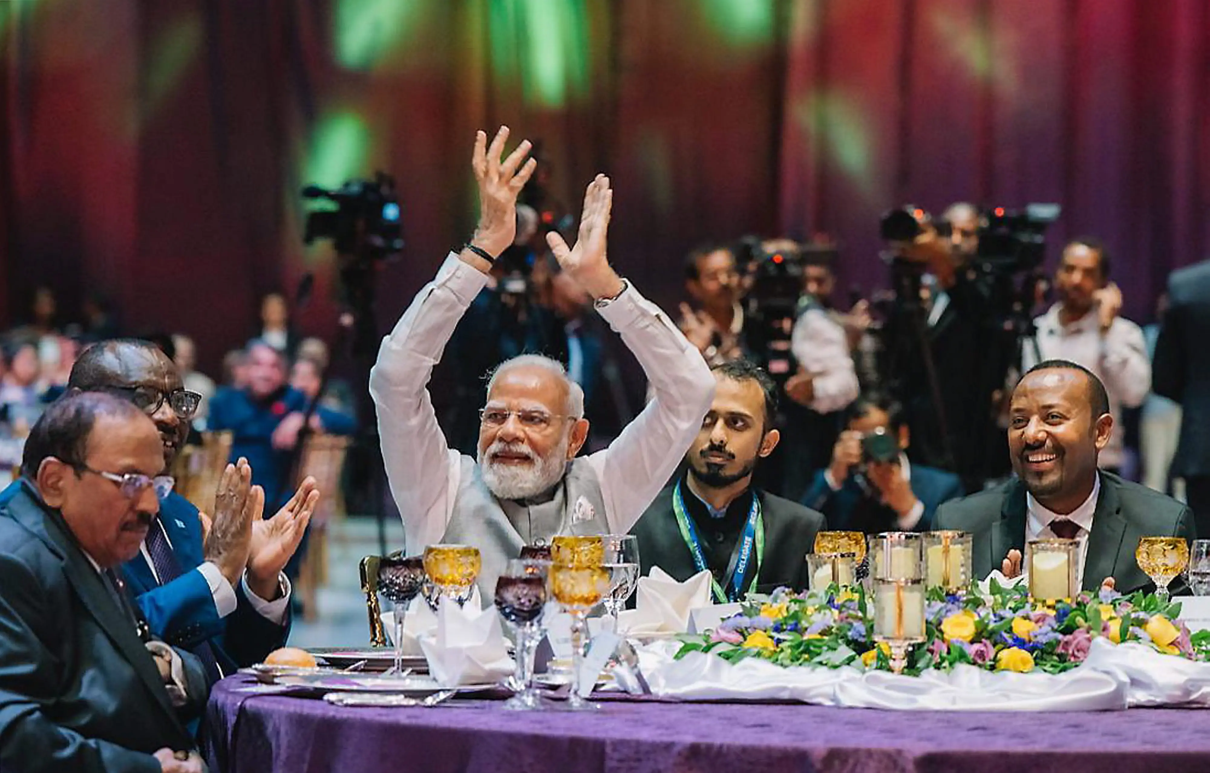 Prime Minister Narendra Modi with his Ethiopian counterpart Abiy Ahmed Ali and others during a ceremony hosted at the Addis International Convention Centre, in Addis Ababa. National Security Advisor (NSA) Ajit Doval is also seen.| Photo: PTI