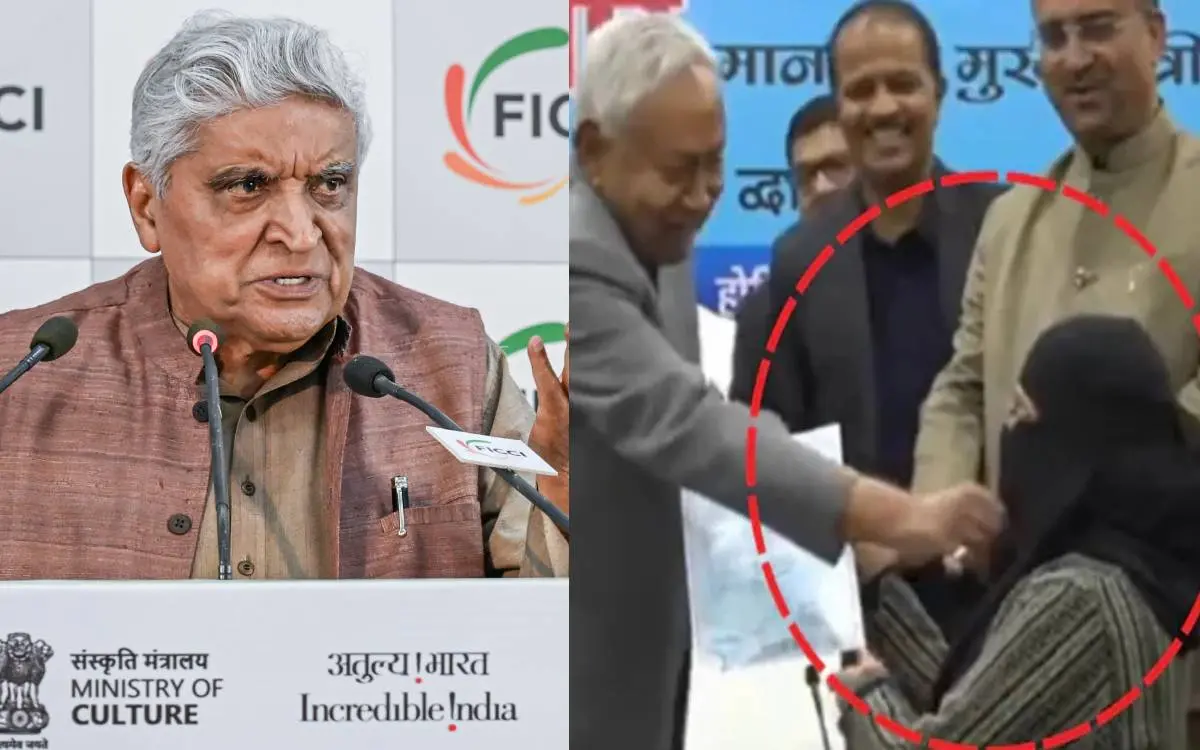 ജാവേദ് അക്തർ, നിതീഷ് കുമാർ ഹിജാബ് മാറ്റാൻ ശ്രമിക്കുന്നു| Photo: ANI