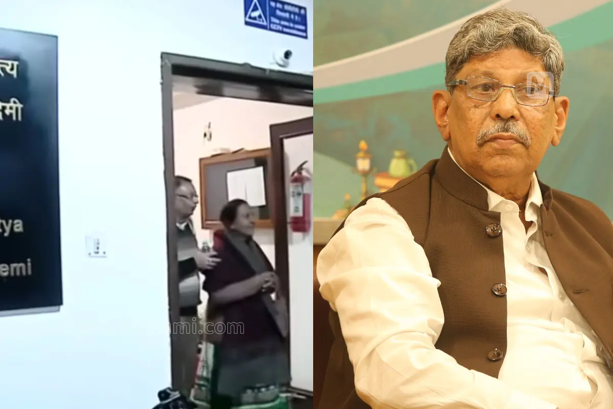 കേന്ദ്ര സാഹിത്യ അക്കാദമിയില്നിന്നുള്ള ദൃശ്യം, കേന്ദ്ര സാഹിത്യ അക്കാദമി പ്രസിഡന്റ് മാധവ് കൗശിക് | Photo: Mathrubhumi News, പി.ജി. ഉണ്ണികൃഷ്ണൻ
