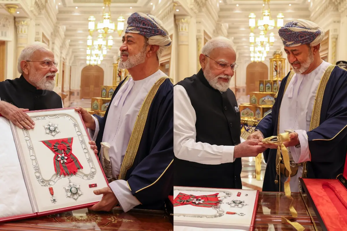 Prime Minister Narendra Modi being conferred with the Order of Oman, the Sultanate's uniquely distinct civilian honour, by Sultan of Oman Haitham bin Tarik, in Muscat | Photo: PTI