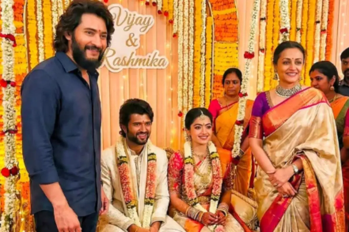 AI-generated photos of Rashmika Mandanna & Vijay Deverakonda in wedding attire with Mahesh Babu