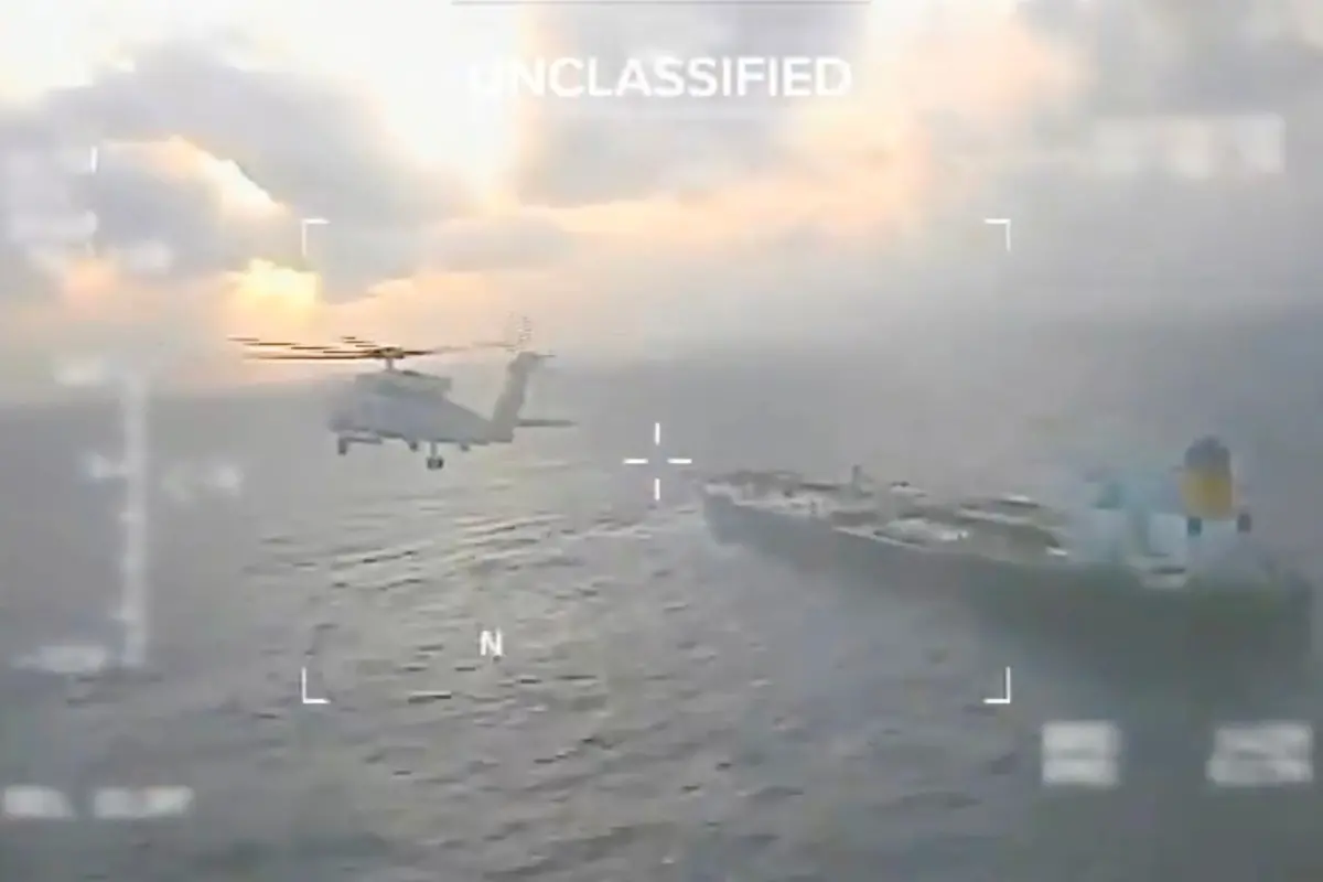 Screen grab from the video: US Coast Guard aircraft flying over a crude oil tanker| Homeland Security Secretary Kristi Noem (@Sec_Noem) on X