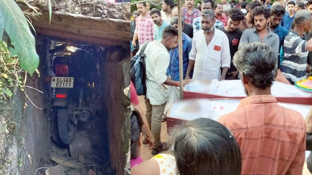 1. ഓടയിൽ സ്ലാബിനടിയിൽ കുടുങ്ങിക്കിടക്കുന്ന ബൈക്ക്. 2. മൃതദേഹങ്ങൾ പൊതുദർശനത്തിനുവെച്ചപ്പോൾ