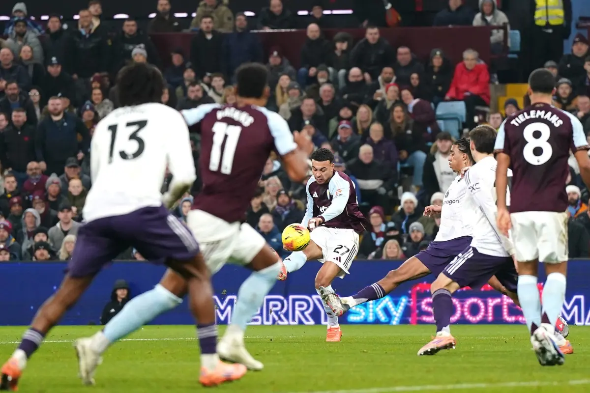Aston Villa's Morgan Rogers, centre, scores their side's first goal of the game during the Premier League soccer match between Aston Villa and Manchester United | Photo: AP