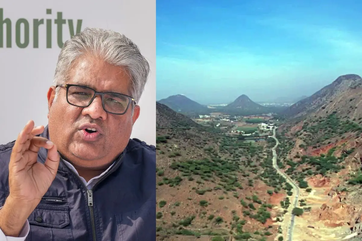 Union Minister Bhupinder Yadav, A drone view of Aravalli hills in Ajmer | Photo: PTI, ANI