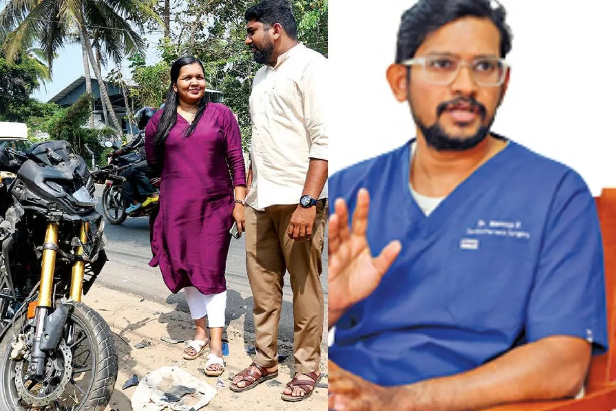 ഉദയംപേരൂർ വലിയകുളത്ത് അപകടത്തിൽപ്പെട്ട വാഹനത്തിനു സമീപം നിൽക്കുന്ന ഡോക്ടർമാരായ ദിദിയാ തോമസും തോമസ് പീറ്ററും, ഡോ. മനൂപ്