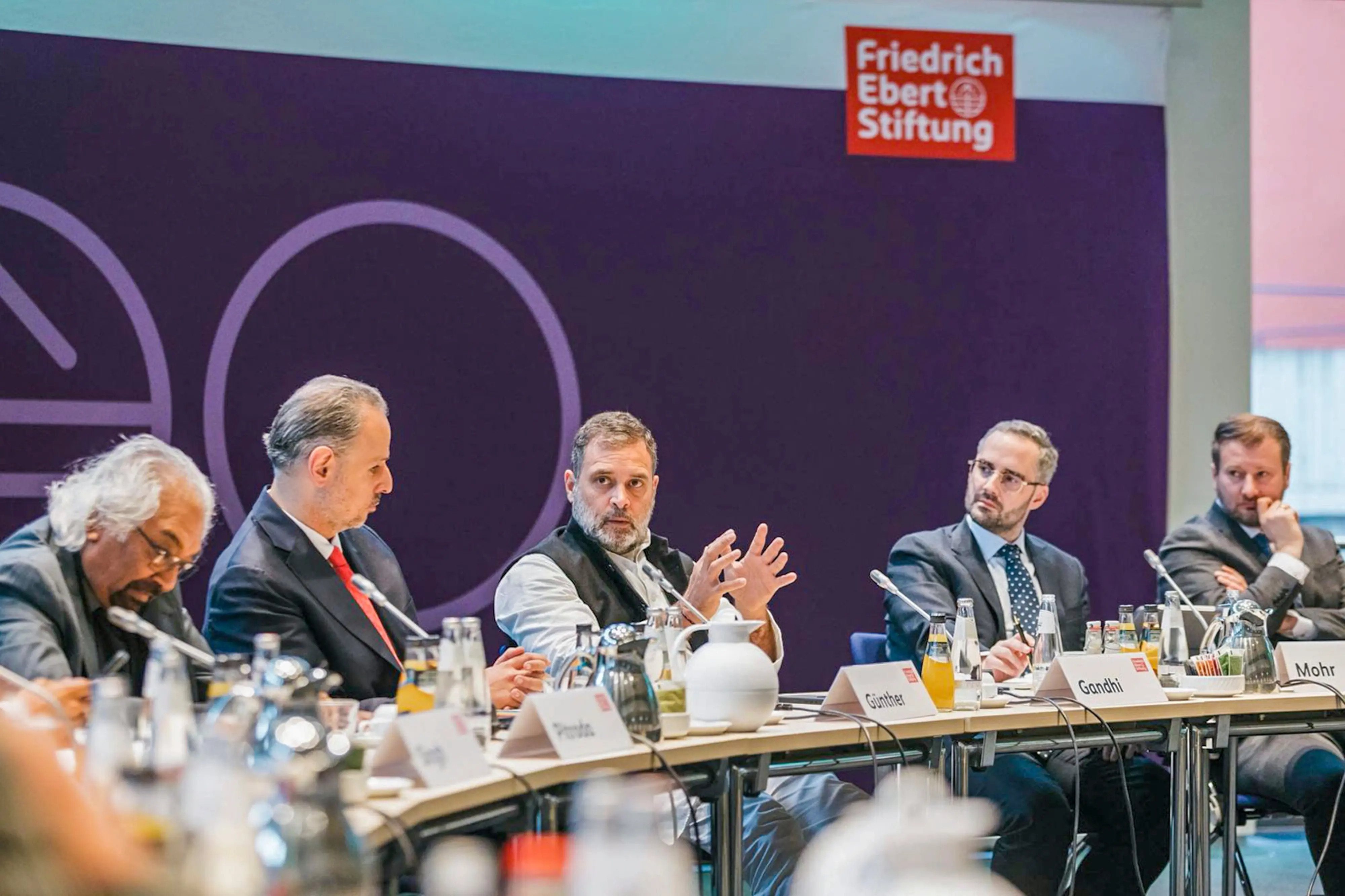 LoP in the Lok Sabha Rahul Gandhi during a meeting with German think tanks on India's trajectory in a rapidly changing global landscape, in Germany. Photo: X@INCIndia/X via PTI