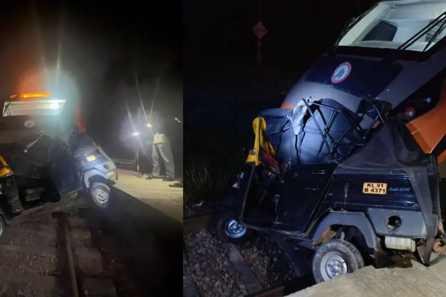 നിയന്ത്രണംവിട്ട് ട്രാക്കിലേക്കു മറിഞ്ഞ ഓട്ടോയിൽ വന്ദേഭാരത് ഇടിച്ചു, ട്രെയിൻ ഒരു മണിക്കൂർ വൈകി