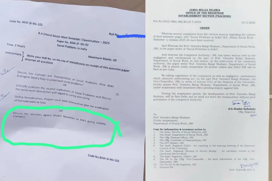 ന്യൂനപക്ഷങ്ങൾക്കെതിരായ അതിക്രമങ്ങൾ പരീക്ഷാ ചോദ്യം; വർഗീയധ്രുവീകരണ ശ്രമം ആരോപിച്ച് അധ്യാപകന് സസ്പെൻഷൻ