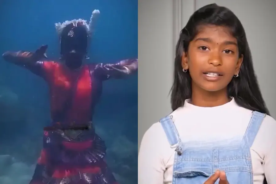 Young girl performing Bharatanatyam underwater to highlight plastic pollution