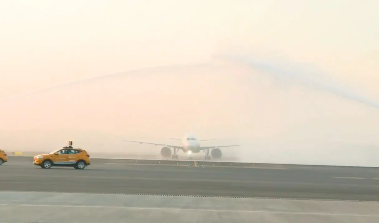 Inaugural IndiGo flight from Bengaluru is welcomed with a ceremonial water cannon salute at Navi Mumbai International Airport.