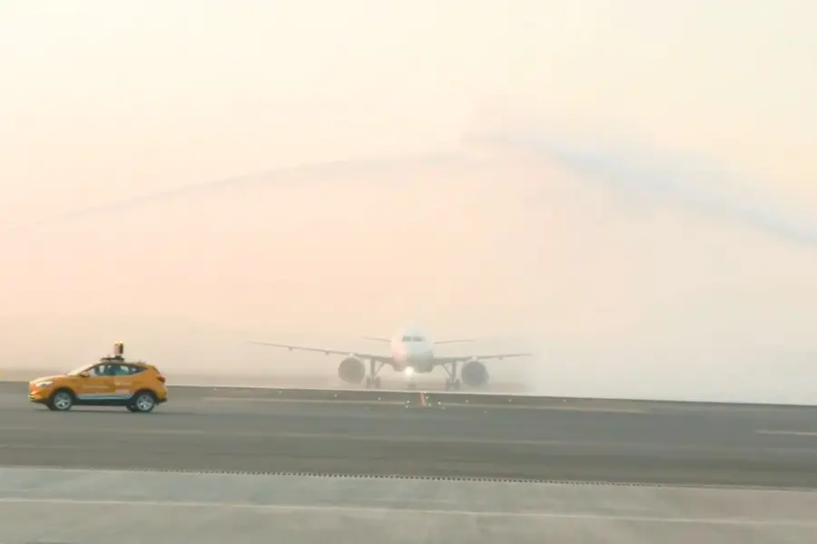 Inaugural IndiGo flight from Bengaluru is welcomed with a ceremonial water cannon salute at Navi Mumbai International Airport.