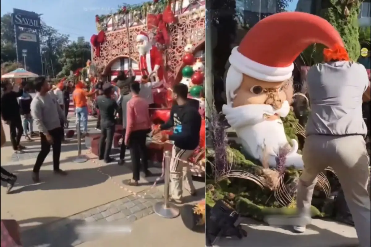 The mob destroying Christmas decorations at a mall in Raipur | Photo: X video screengrab