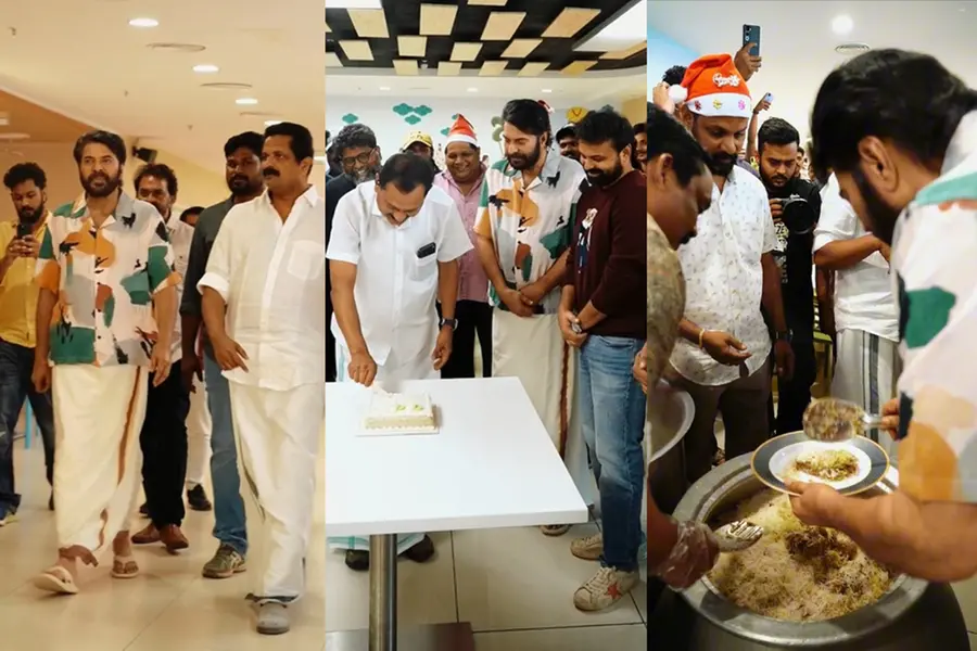 Mammootty in Christmas mood celebrating at the Patriot movie set with Cake and Biriyani