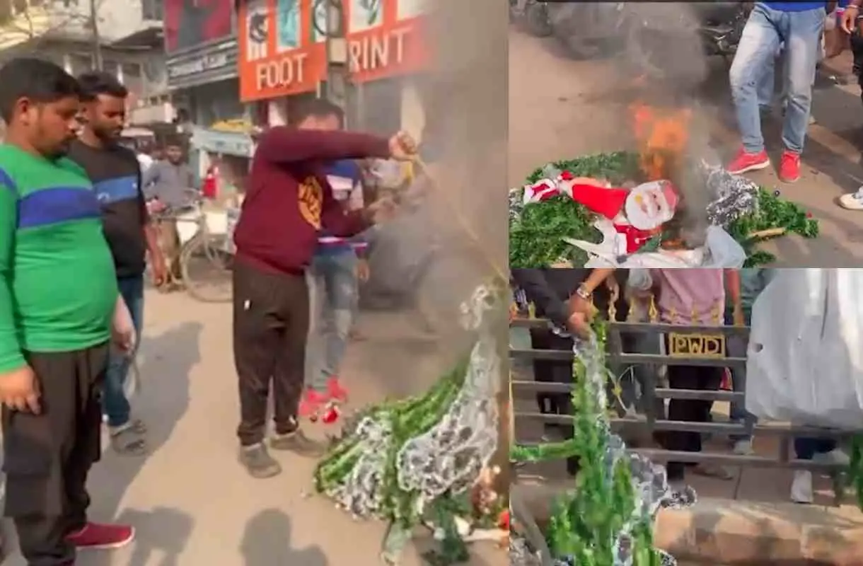ക്രിസ്മസ് ആഘോഷങ്ങള്ക്കായി ഒരുക്കിയ അലങ്കാരങ്ങള് നശിപ്പിക്കുന്ന വിഎച്ച്പി, ബജ്റങ് ദള് പ്രവര്ത്തകര്