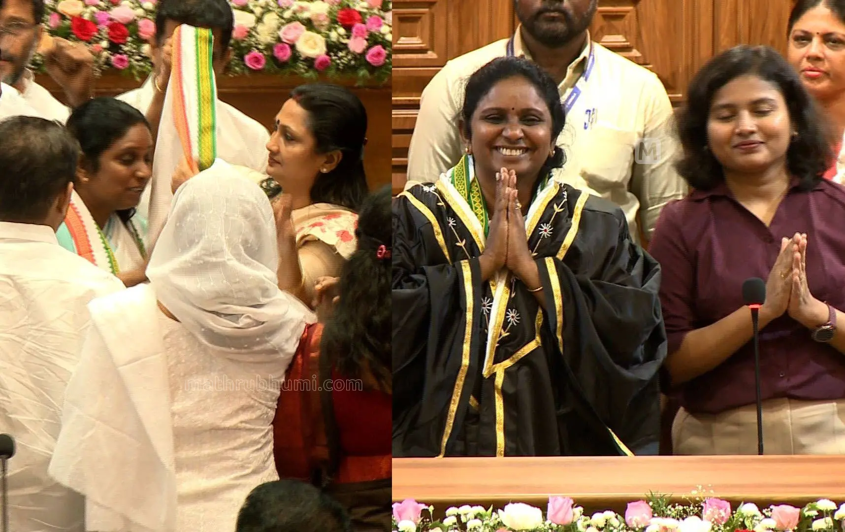1. വി.കെ മിനിമോളെ ഷാളണിയിക്കുന്ന ദീപ്തി മേരി വർഗീസ്, 2. സത്യപ്രതിജ്ഞാ ചടങ്ങിന് ശേഷം വി.കെ. മിനിമോള് ജില്ലാ കളക്ടർ ജി. പ്രിയങ്കയ്ക്കൊപ്പം | ഫോട്ടോ: മാതൃഭൂമി