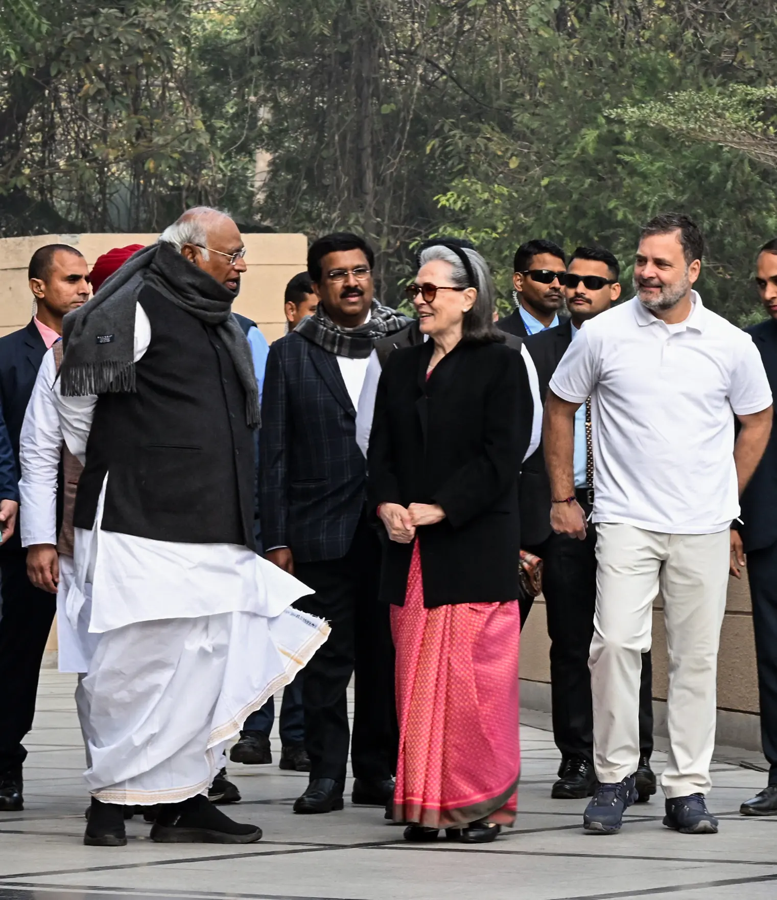 Congress Parliamentary Party Chairperson Sonia Gandhi with party President Mallikarjun Kharge, Lok Sabha LoP and Congress MP Rahul Gandhi, and others arrives to attend the Congress Working Committee (CWC) meeting at Indira Bhawan, in New Delhi on Saturday. | Photo: ANI