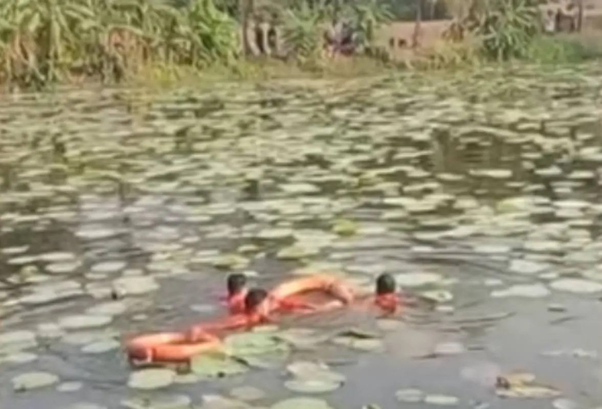 കുട്ടിക്കായി കുളത്തിൽ തിരച്ചിൽ നടത്തുന്ന സംഘം | Screengrab/mathrubhumi news
