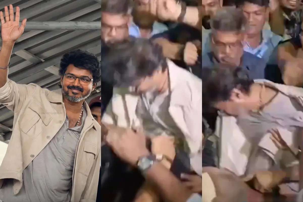 വിജയ് മലേഷ്യയില്നിന്ന് തിരിക്കുംമുമ്പ് ആരാധകരെ അഭിവാദ്യംചെയ്യുന്നു, ചെന്നൈ വിമാനത്താവളത്തില് തിക്കിലും തിരക്കിലുംപെട്ട വിജയ്യെ സുരക്ഷാ ജീവനക്കാര് പിടിച്ചെഴുന്നേല്പ്പിക്കുന്നു | Photo: X/ Actor Vijay Team, Screen grab/ PTI