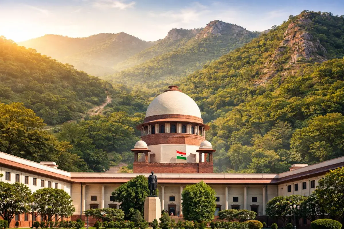 The Supreme Court of India set against the ancient Aravalli Hills, reflecting the intersection of law, nature and conservation.