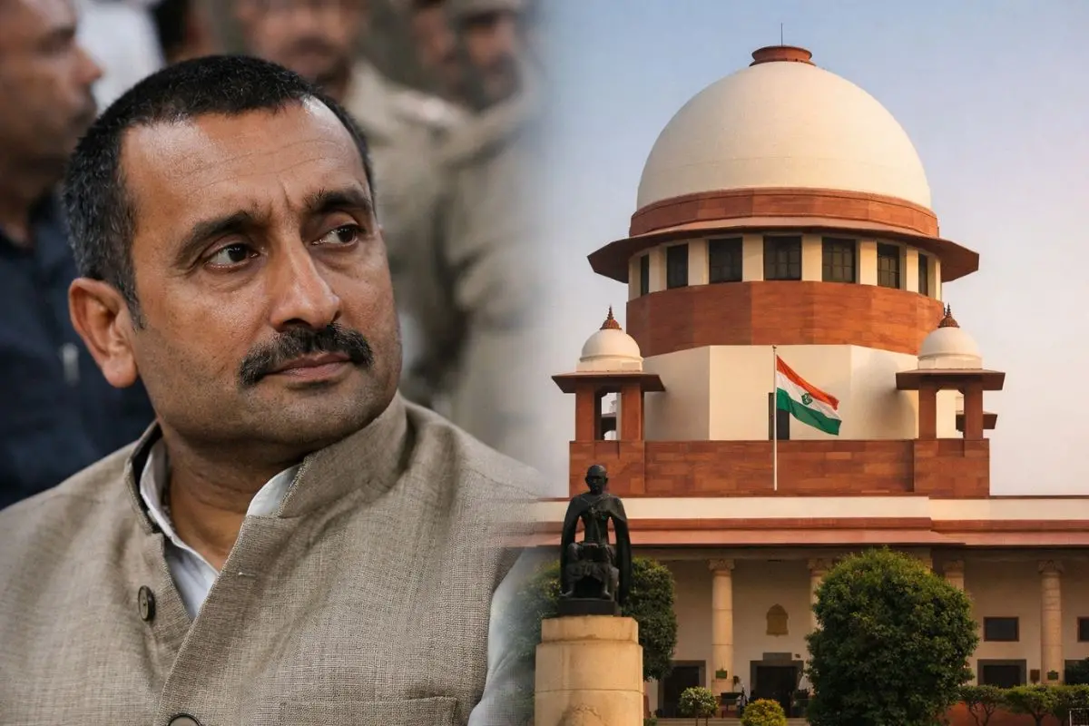 Former BJP MLA and Unnao rape convict Kuldeep Singh Sengar alongside the Supreme Court of India, where the CBI's challenge to his bail is being heard by a CJI-led bench.