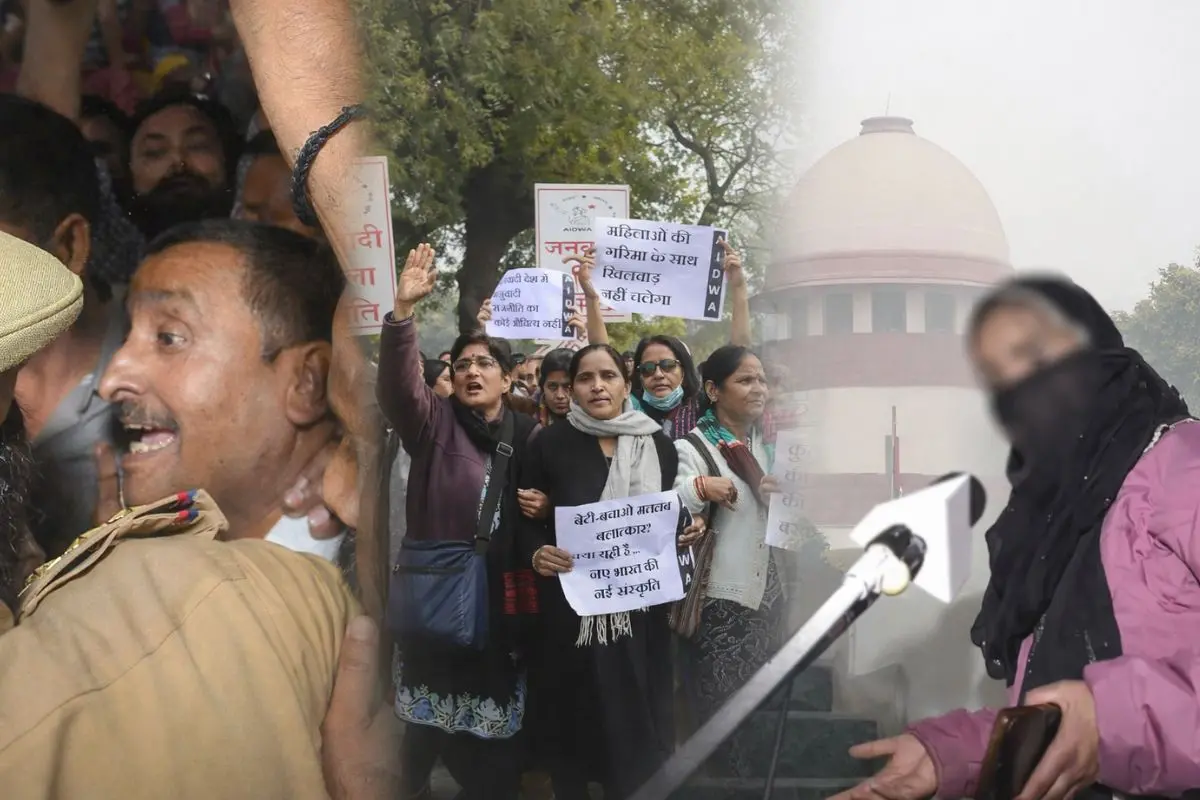 Security personnel escort expelled BJP leader Kuldeep Singh Sengar as women's groups protest outside the Supreme Court during hearings in the 2017 Unnao rape case.