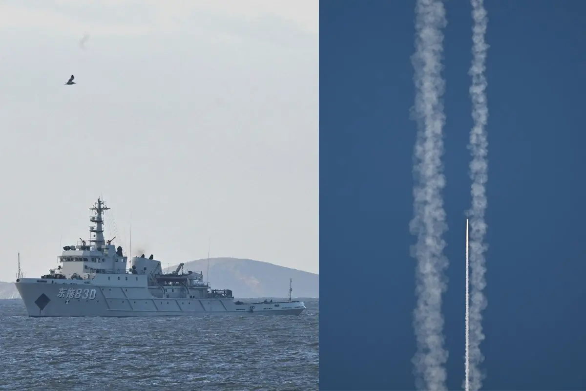 A Chinese military ship patrols as the People's Liberation Army (PLA) conduct military drills on Pingtan island, the closest point to Taiwan (L) and PLA soldiers fire a rocket into the air as they conduct military drills on Pingtan island (R) | Photo: AFP