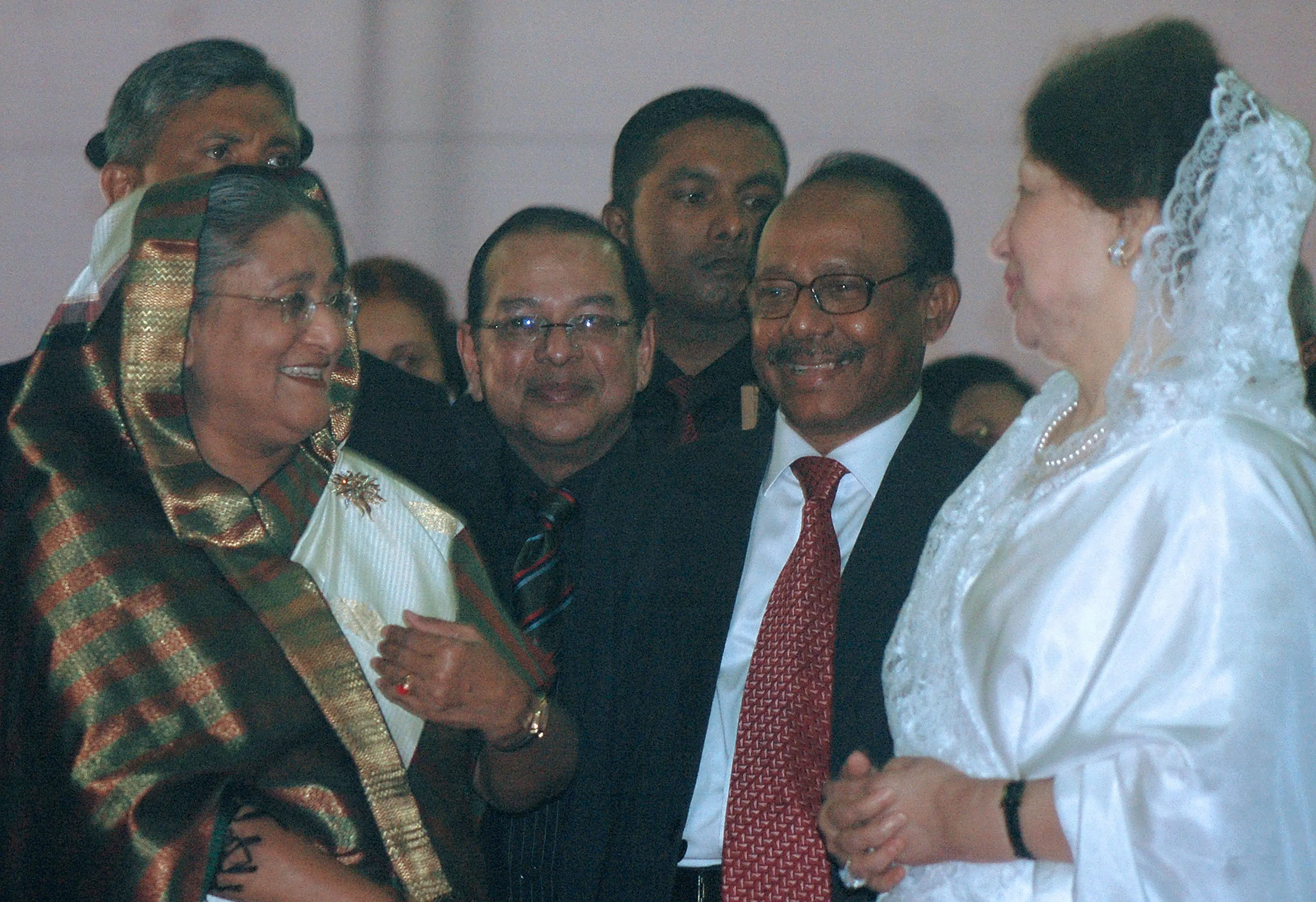 Former Bangladeshi Premiers Sheikh Hasina (left) and Khaleda Zia (right) speak as they attend a function in Dhaka | File photo: AFP