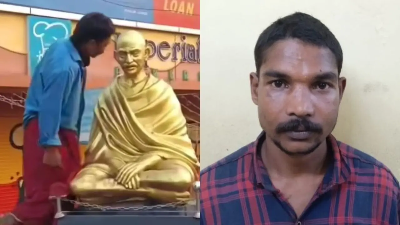 പുനലൂര്‍ തൂക്കുപാലത്തിനു മുന്നിലെ ഗാന്ധിപ്രതിമയില്‍ യുവാവ് അക്രമം കാട്ടുന്ന ദൃശ്യം (Image: Special arrangement)