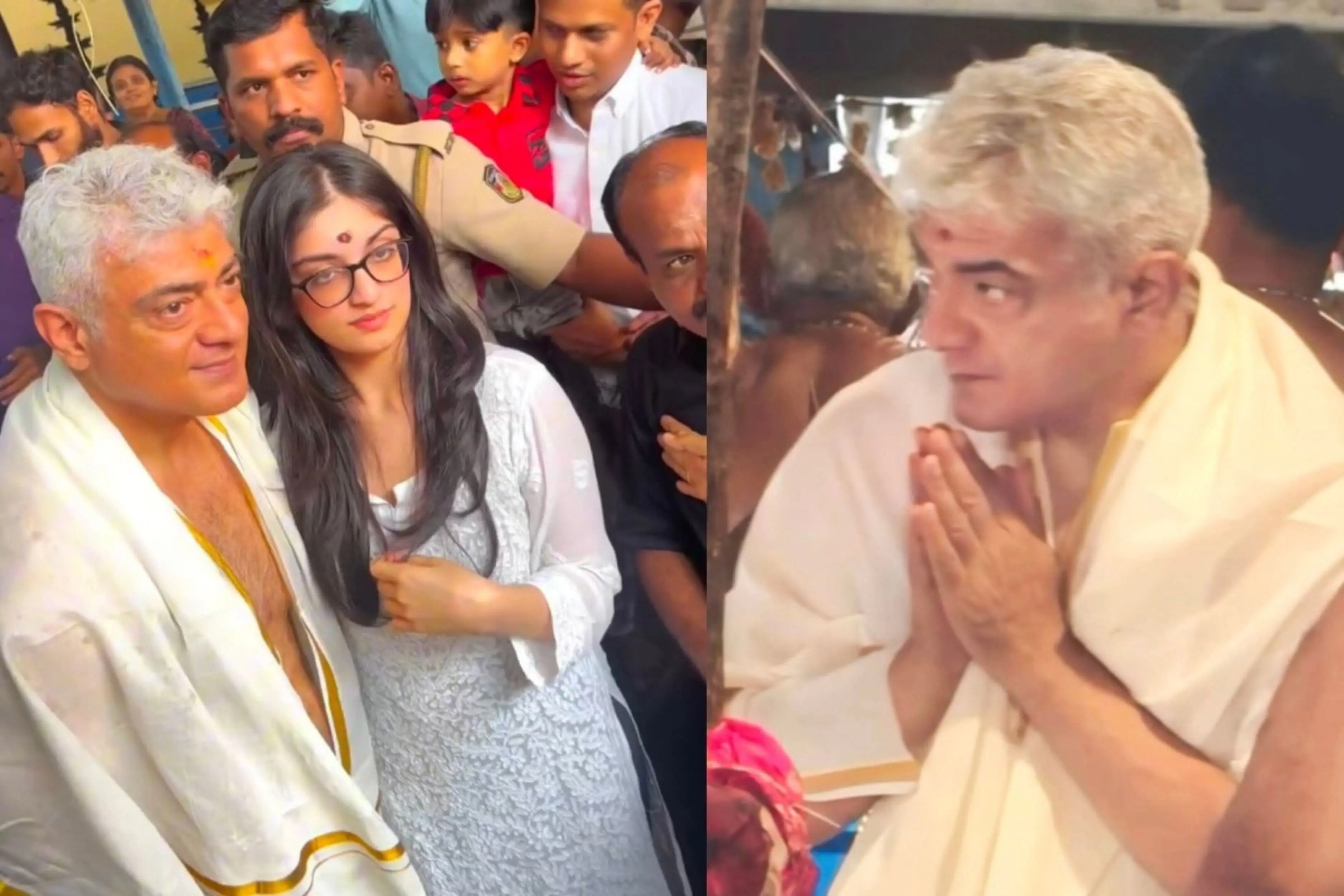 അജിത്തും മകള്‍ അനൗഷ്‌കയും പാലക്കാട് ഊട്ടുകുളങ്ങര ഭഗവതി ക്ഷേത്രത്തില്‍ | Photo: X/ Thala Ajith Kumar The King