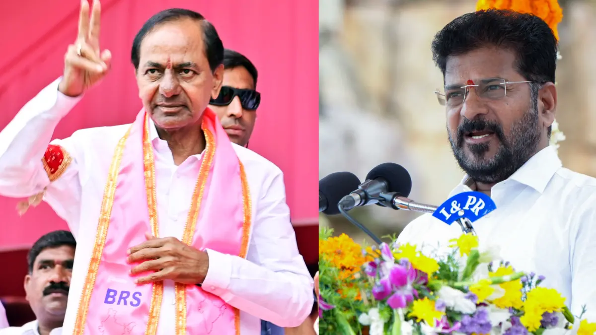 From (L) K Chandrashekhar Rao, Revanth Reddy | Photos: ANI