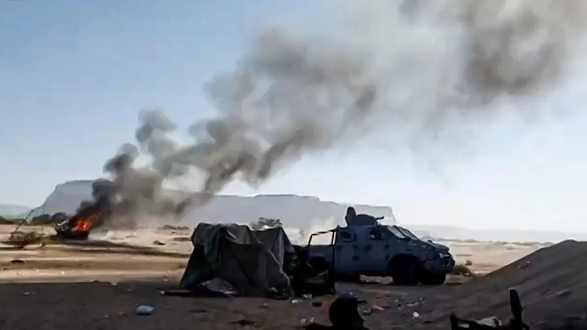 A video grab taken on January 3, 2026 from images released by Aden Independent Channel (AIC TV) on January 2, 2026, shows the moment a strike hits the Southern Transitional Council (STC) forces in Seiyun | AFP
