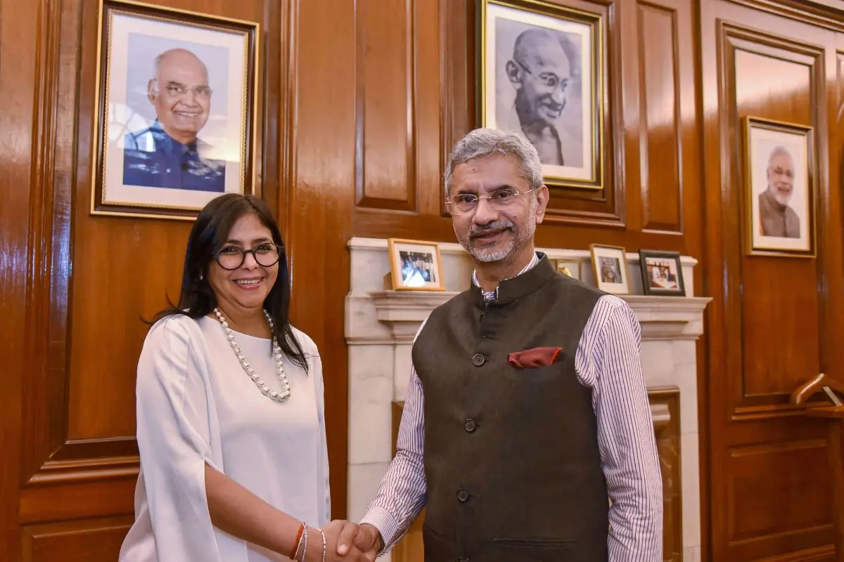 External Affairs Minister S Jaishankar shakes hands with Venezuelan Vice President Delcy Rodríguez, in New Delhi, Wednesday, Oct. 30, 2019. (PTI Photo)