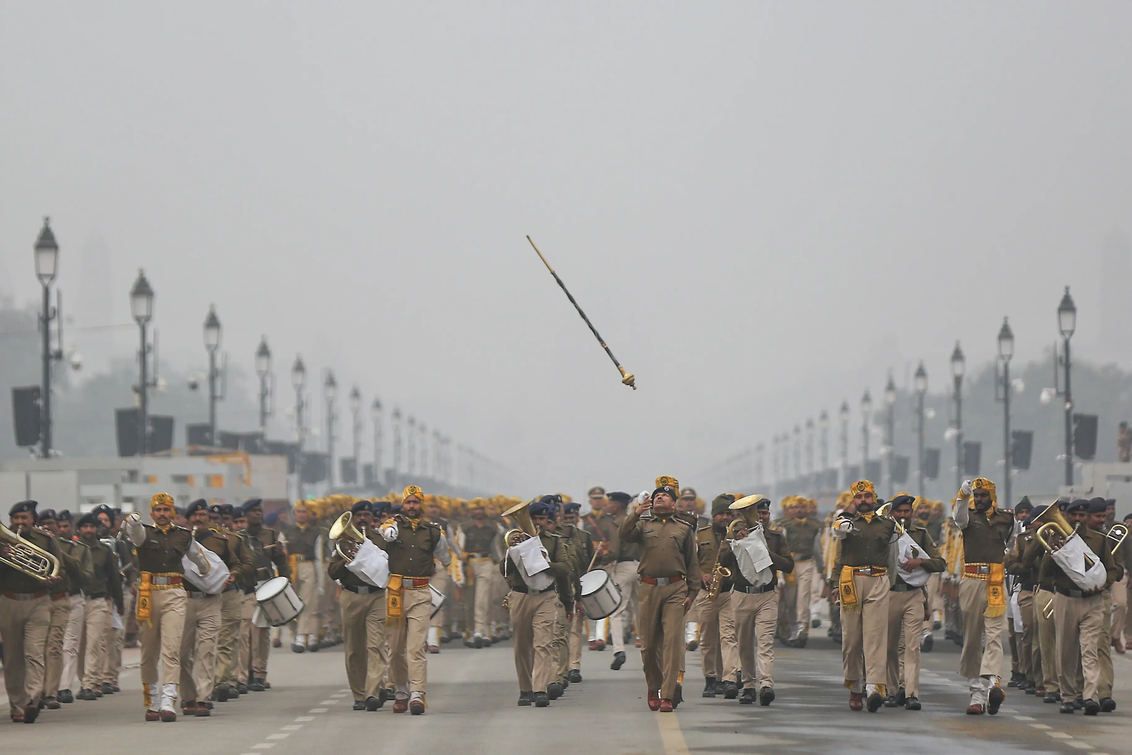 Central Industrial Security Force (CISF) personnel take part in the rehearsals for the upcoming Republic Day Parade 2026 at Kartavya Path amid dense smog in New Delhi | Photo: ANI