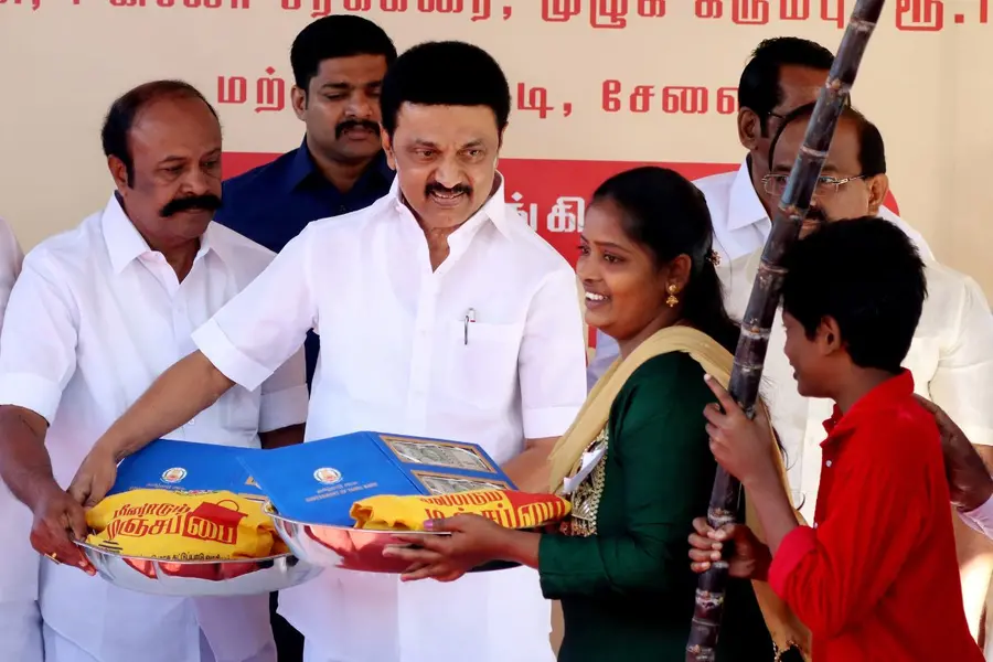 MK Stalin hands over the Pongal gift hampers to beneficiaries
