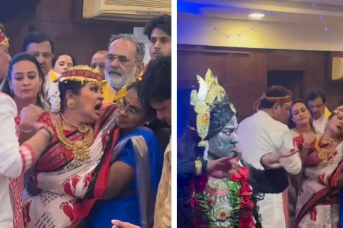 Sudha Chandran appears deeply immersed in devotion during a Mata Ki Chowki, as a viral video captures her emotional, trance-like moment amid Kali Mata bhajans.