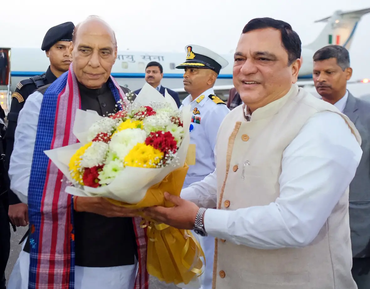 Defence Minister Rajnath Singh receives a warm welcome upon his arrival to attend the Commissioning ceremony of India Coast Guard Pollution Control Vessel (PCV) 'Samudra Pratap' | Photo:ANI