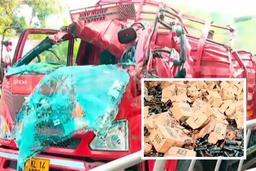 Car collides with liquor truck at Iringadan Palli Junction