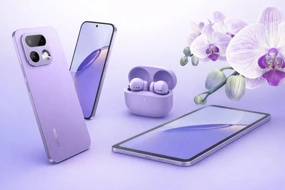 Realme showcases the 16 Pro 5G series in its Orchid Purple finish alongside Buds Air 8 and the Realme Pad 3 ahead of the India launch event.