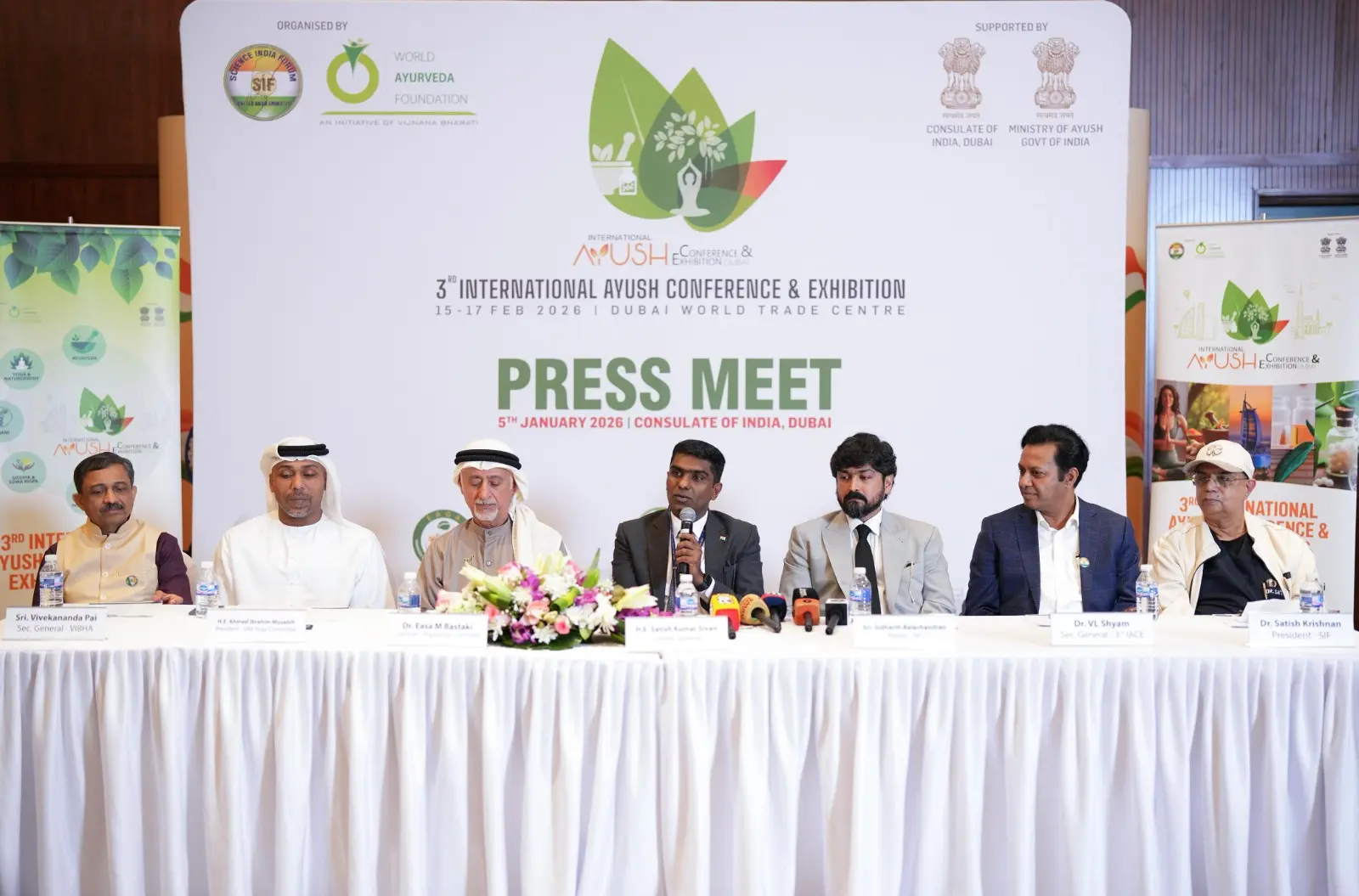 Indian Consul General Satish Kumar Shivan addressing a press conference on the third AYUSH Conference and Exhibition.