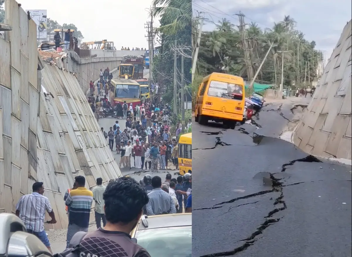കൊല്ലം കൊട്ടിയത്തിന് സമീപം മൈലക്കാട് ദേശീയപാതയുടെ പാർശ്വഭിത്തി സർവീസ് റോഡിലേക്ക് ഇടിഞ്ഞുതാണ നിലയിൽ. തകർന്ന സർവീസ് റോഡും കാണാം | ഫയൽ ഫോട്ടോ