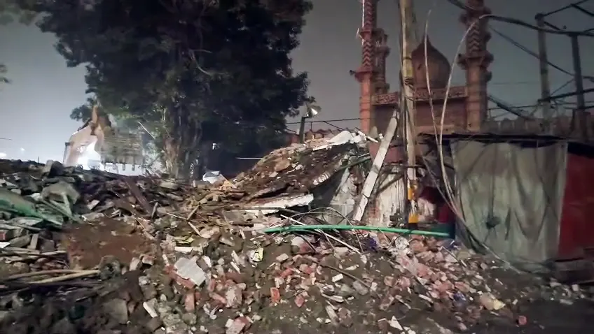 A view of the debris near the Faiz-e-Elahi Masjid, Turkman Gate, where a demolition drive was carried out by the MCD last night, in New Delhi on Wednesday. (ANI Video Grab)